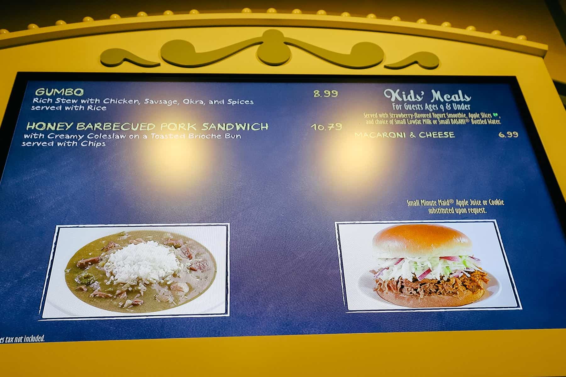 a menu board with gumbo and Honey barbecued sandwich