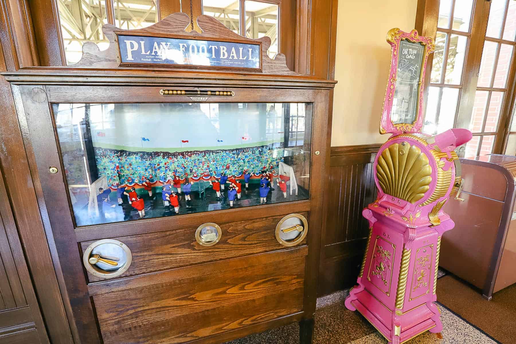 antique games in the waiting area of the Walt Disney World Railroad 