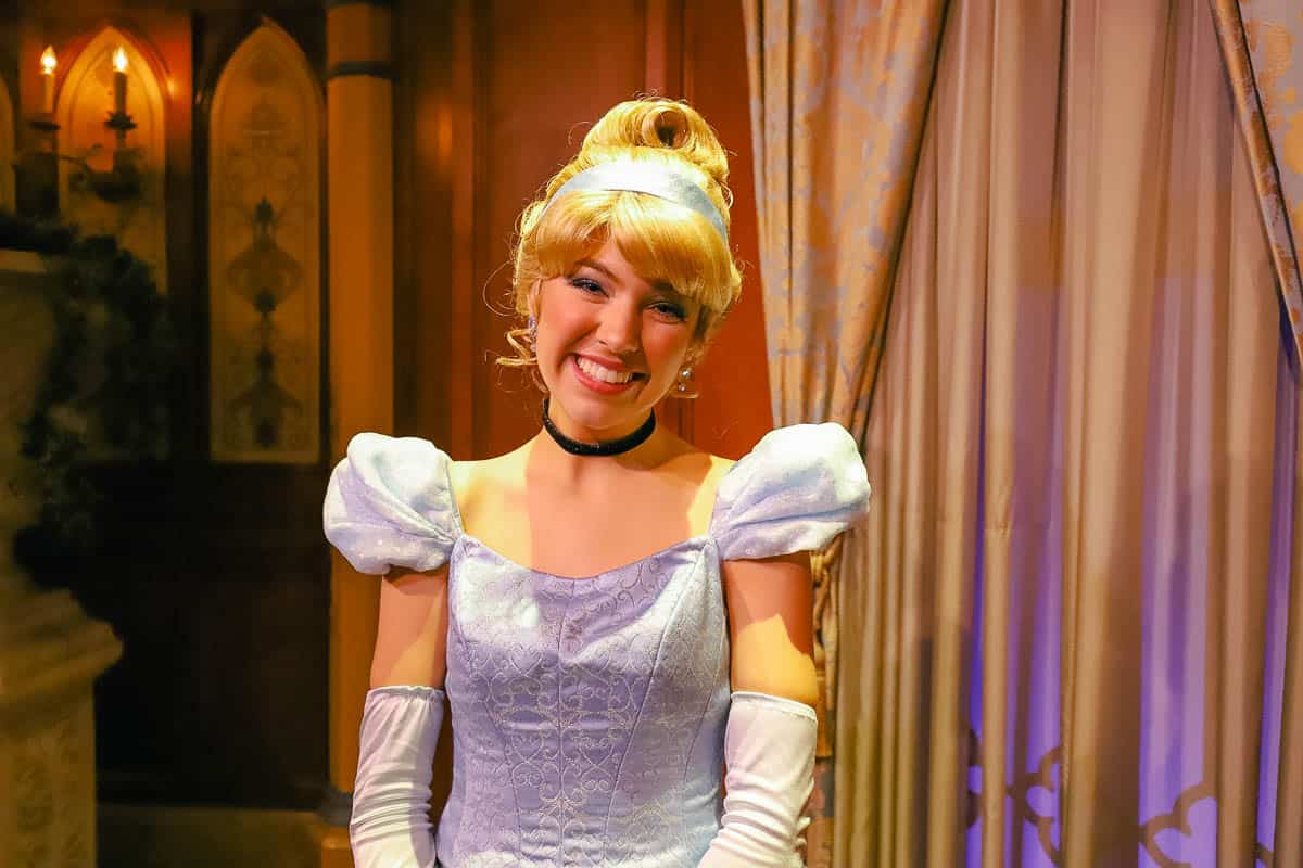 Cinderella smiles in her blue princess ball gown.