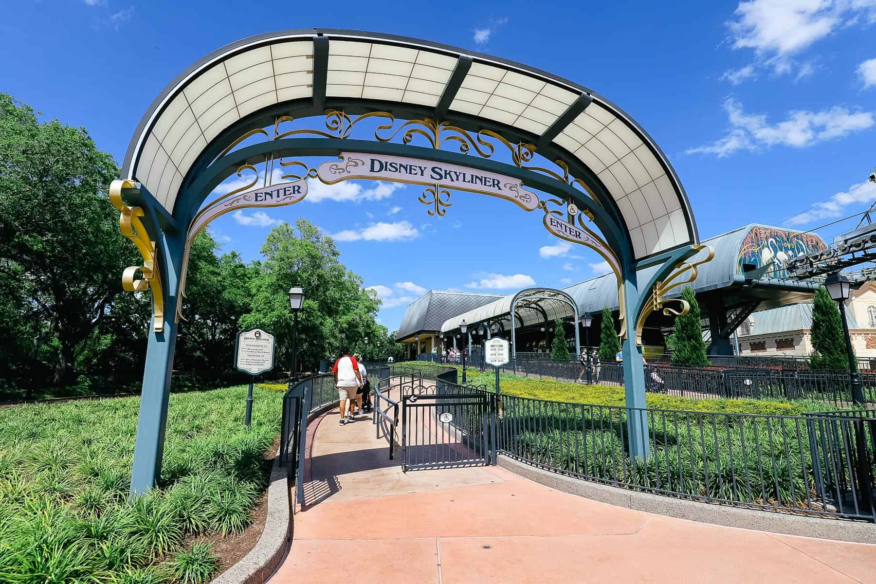 the entrance to the Disney Skyliner station at Epcot's International Gateway 