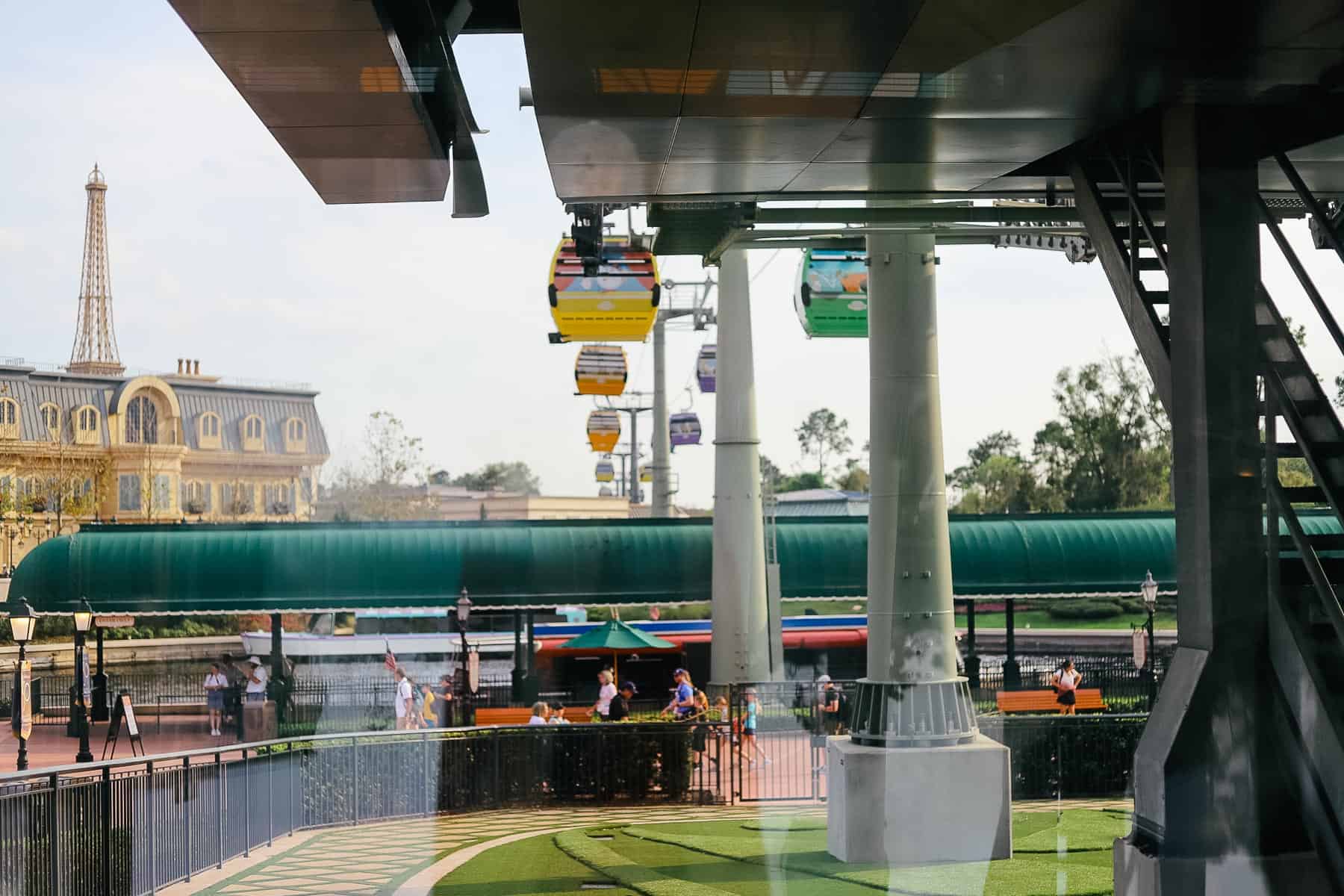 Skyliner passing over the France Pavilion at Epcot 