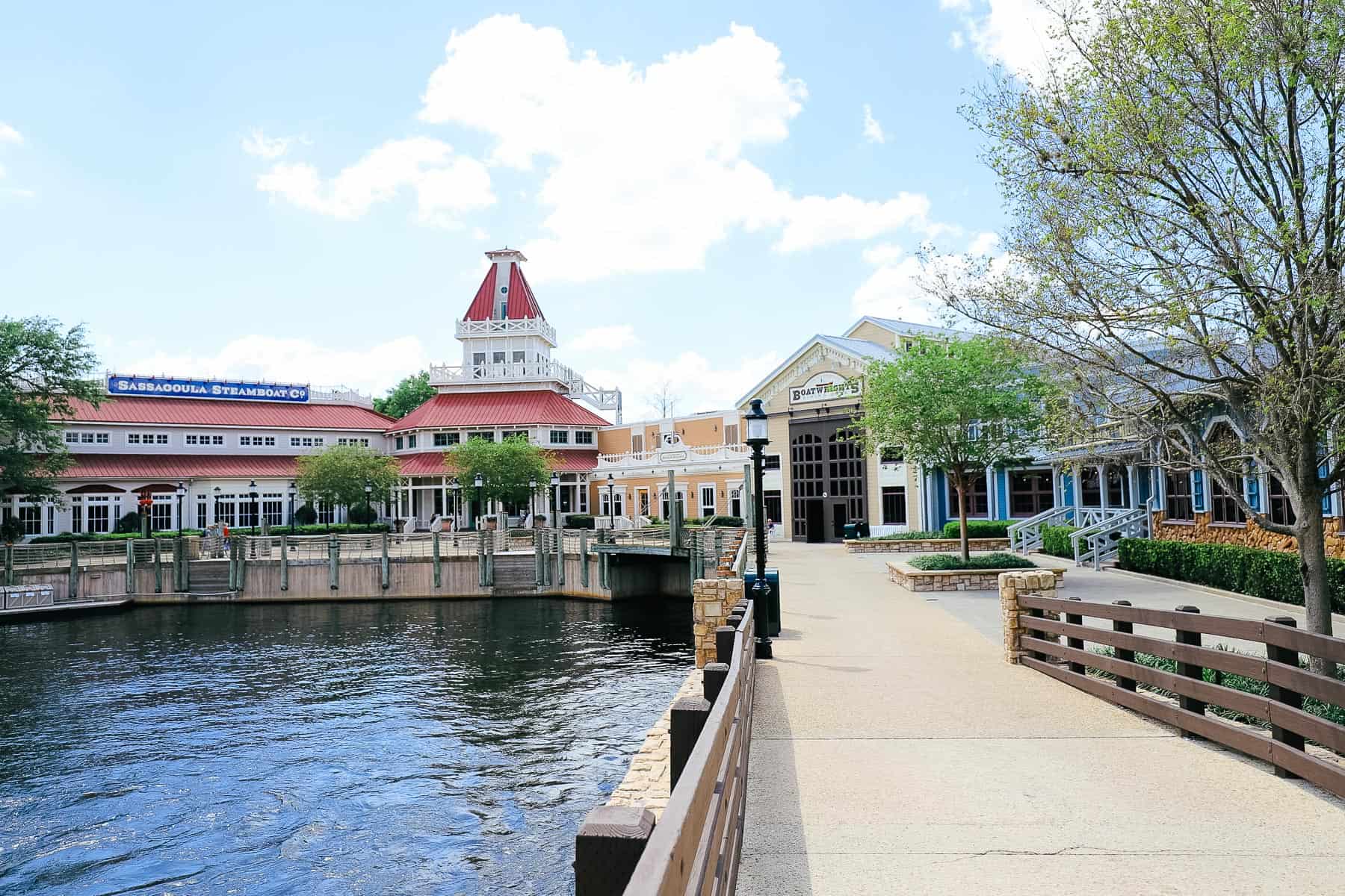 the bridge that connects the resort to the central lobby and restaurants at Port Orleans Riverside Resort 