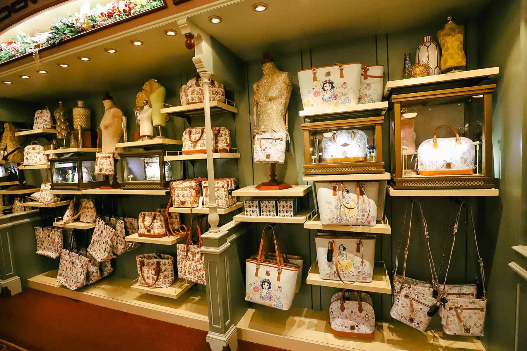 interior display of high end handbags in Uptown Jewelers on Main Street USA 