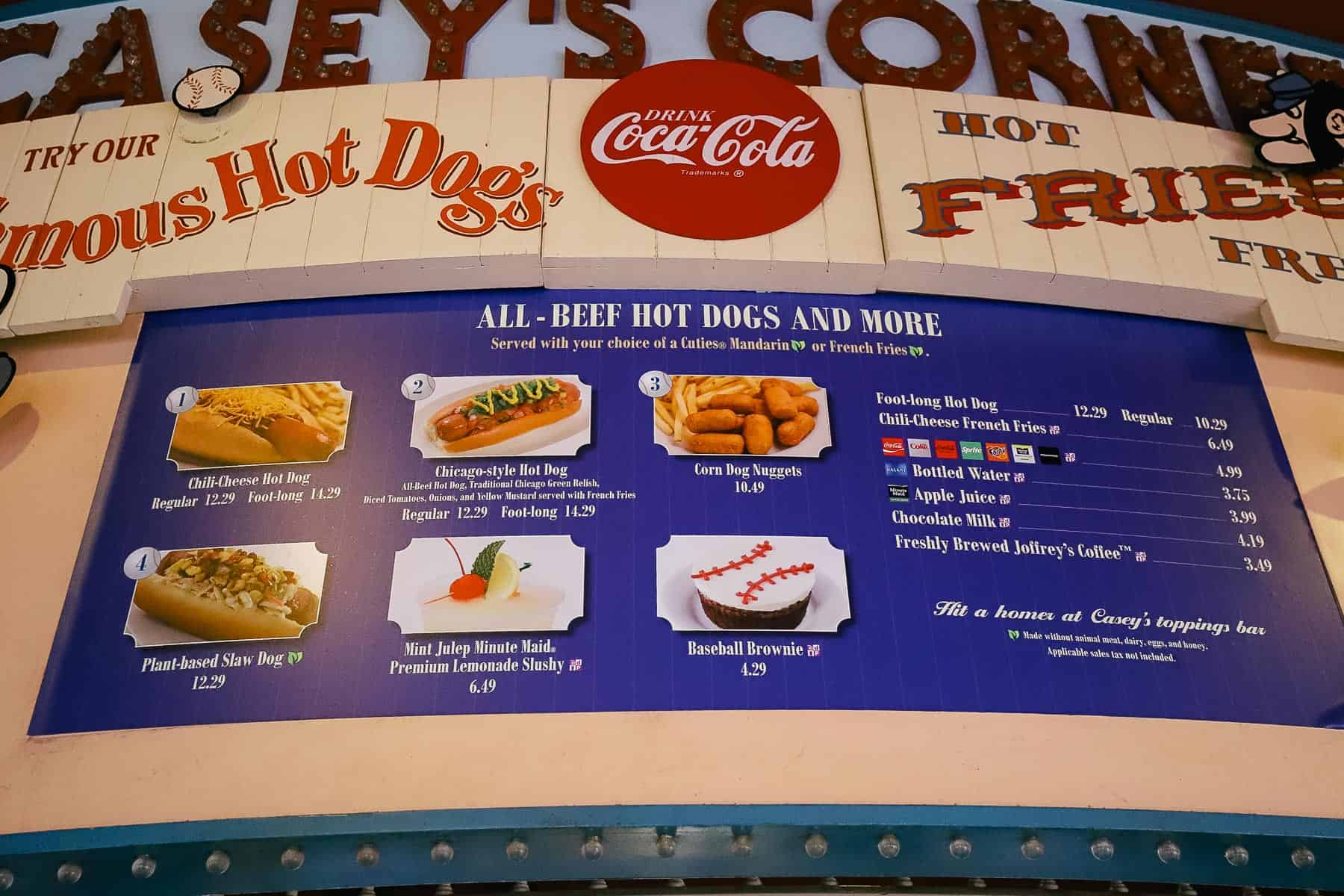 The menu board for Casey's Corner