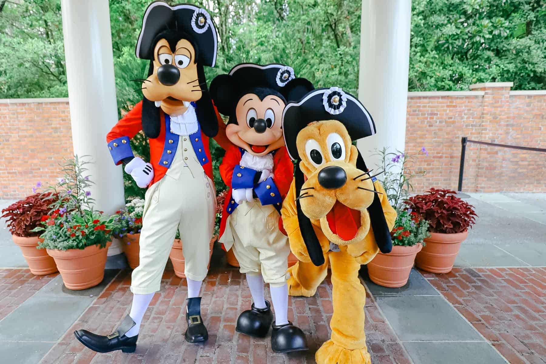 Goofy, Mickey and Pluto wearing tricorn hats. 