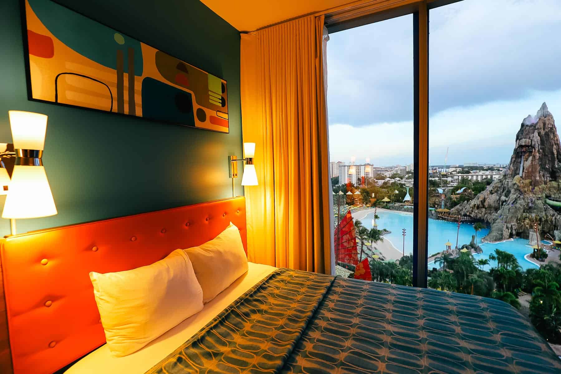 the bed in proximity to the water park view at Universal's Cabana Bay Resort 