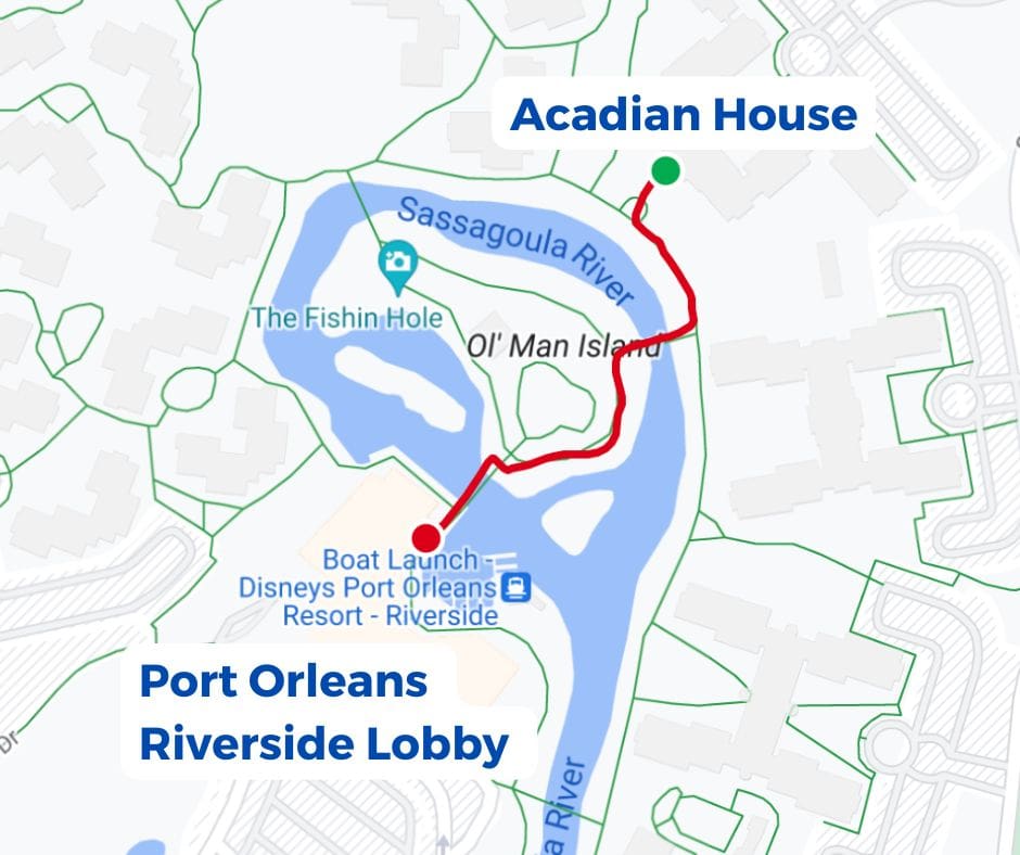 map of the distance from Acadian House to the Riverside Lobby 