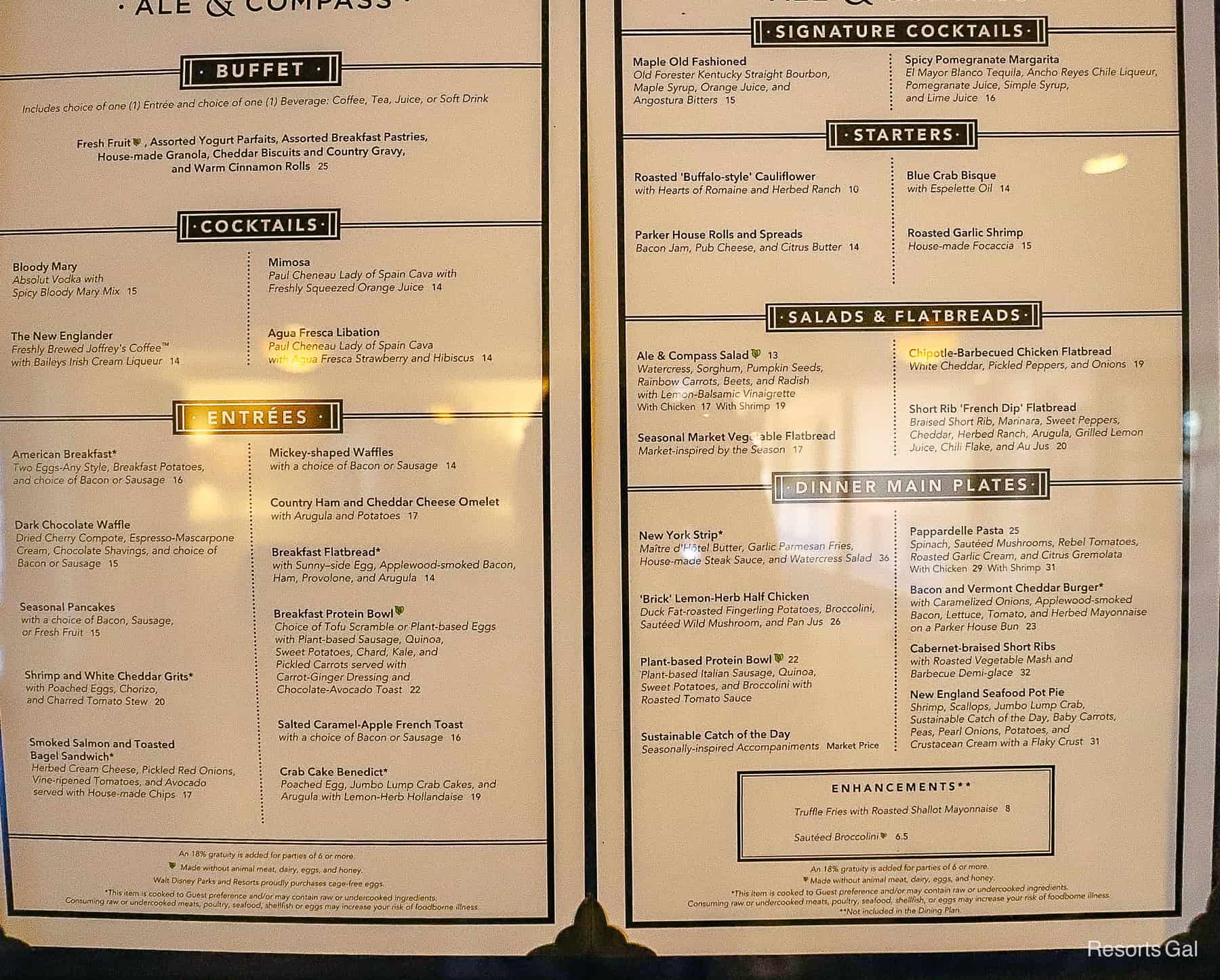 menu posted at Ale and Compass 