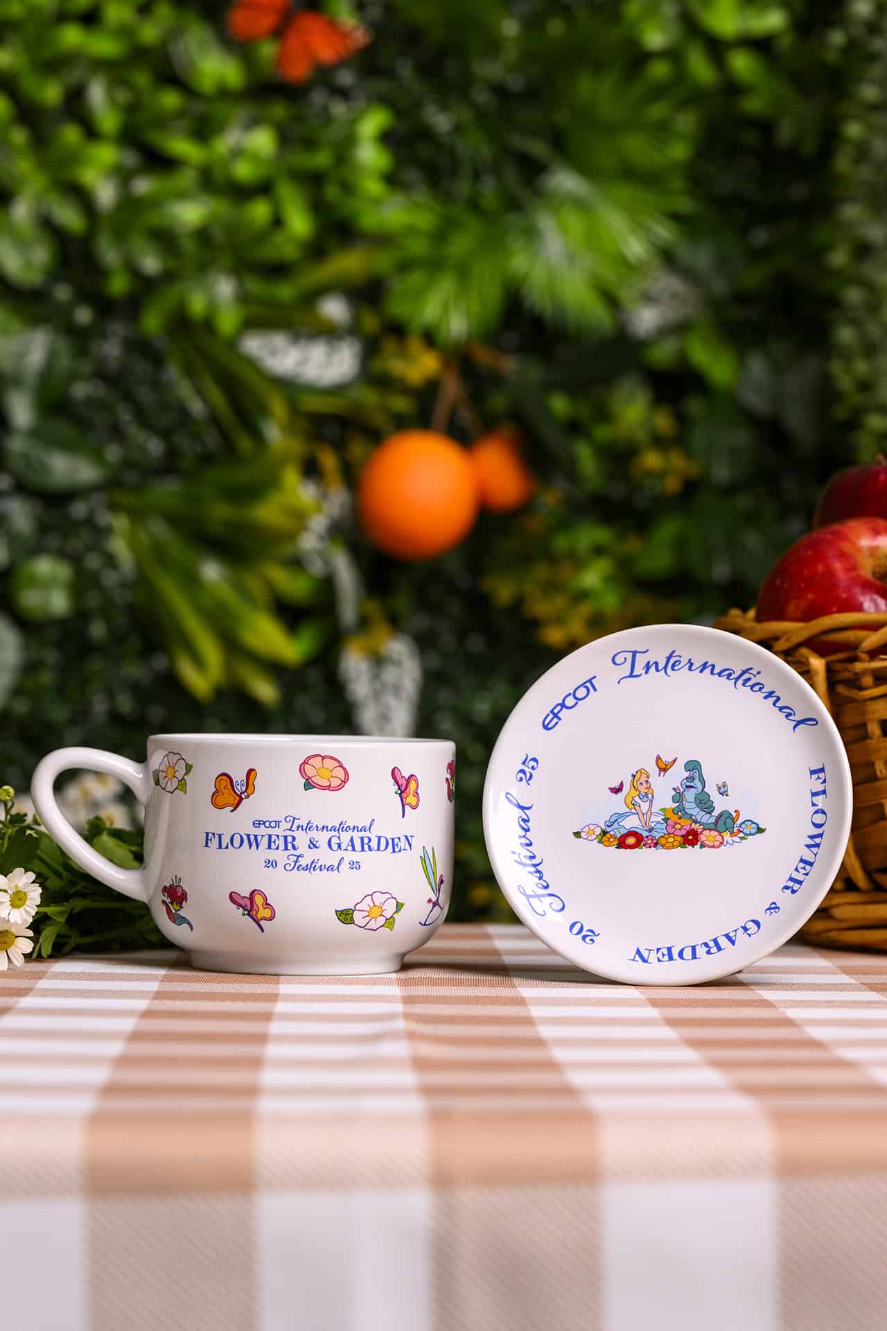 a tea cup with saucer part of the Alice in Wonderland collection for the 2025 Flower and Garden Festival 