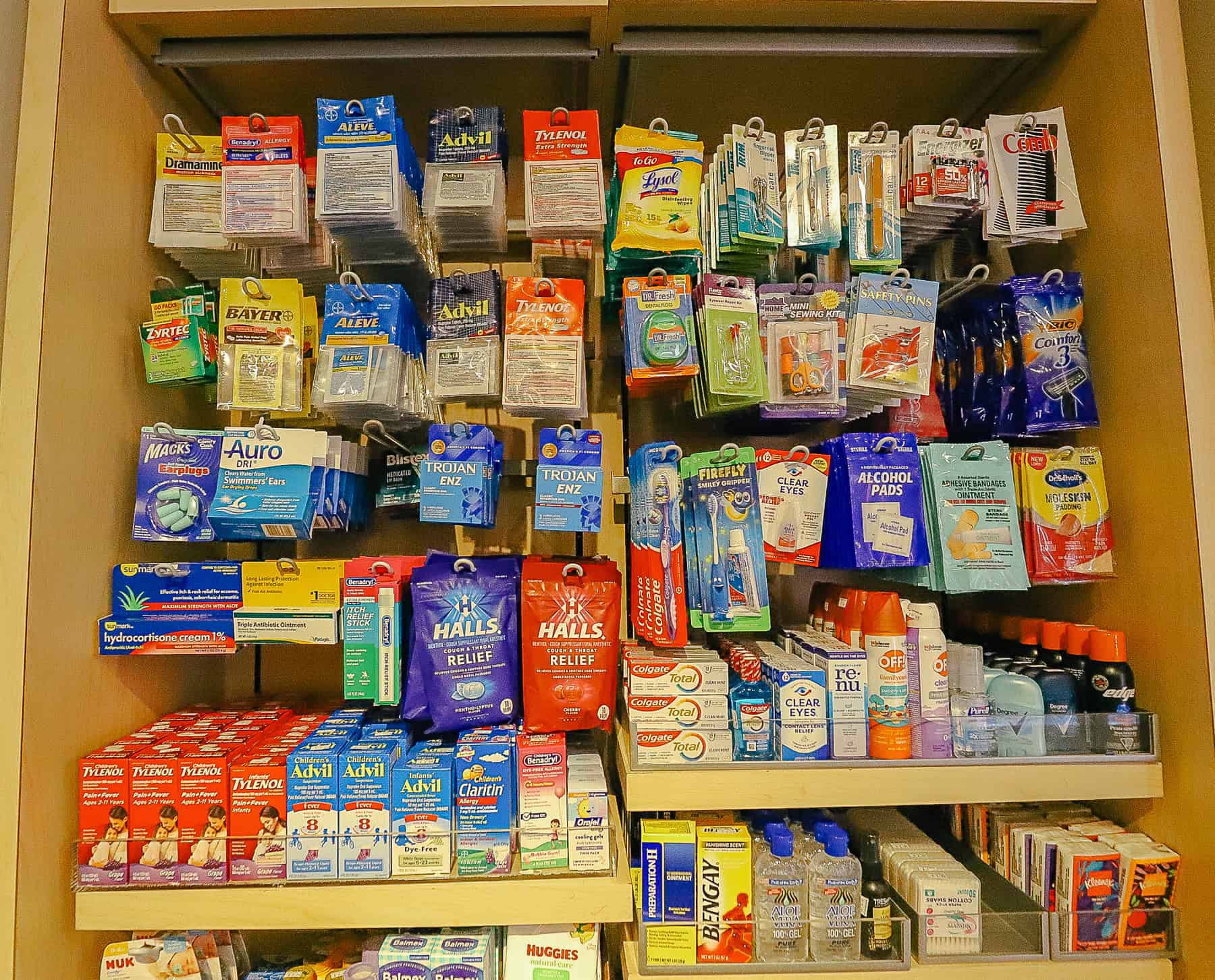 a display with personal items and toiletries and over the counter medicines 