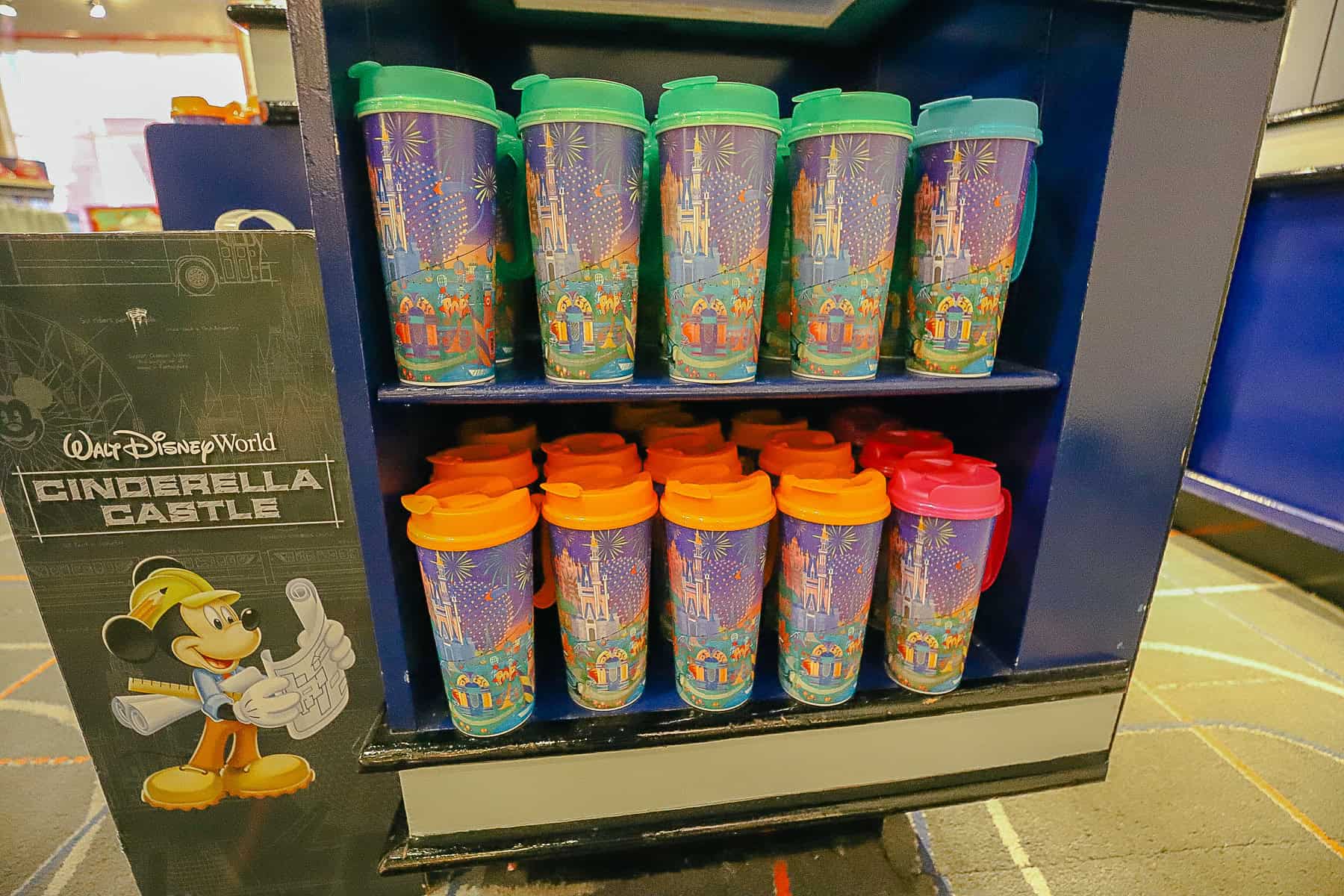 a shelf with refillable mugs 