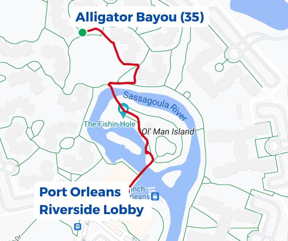 map of the walking distance from regular Alligator Bayou rooms to Port Orleans Riverside Lobby 