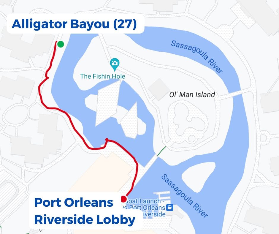 map of the walking distance between Alligator Bayou Preferred Room area to the lobby at Port Orleans Riverside 