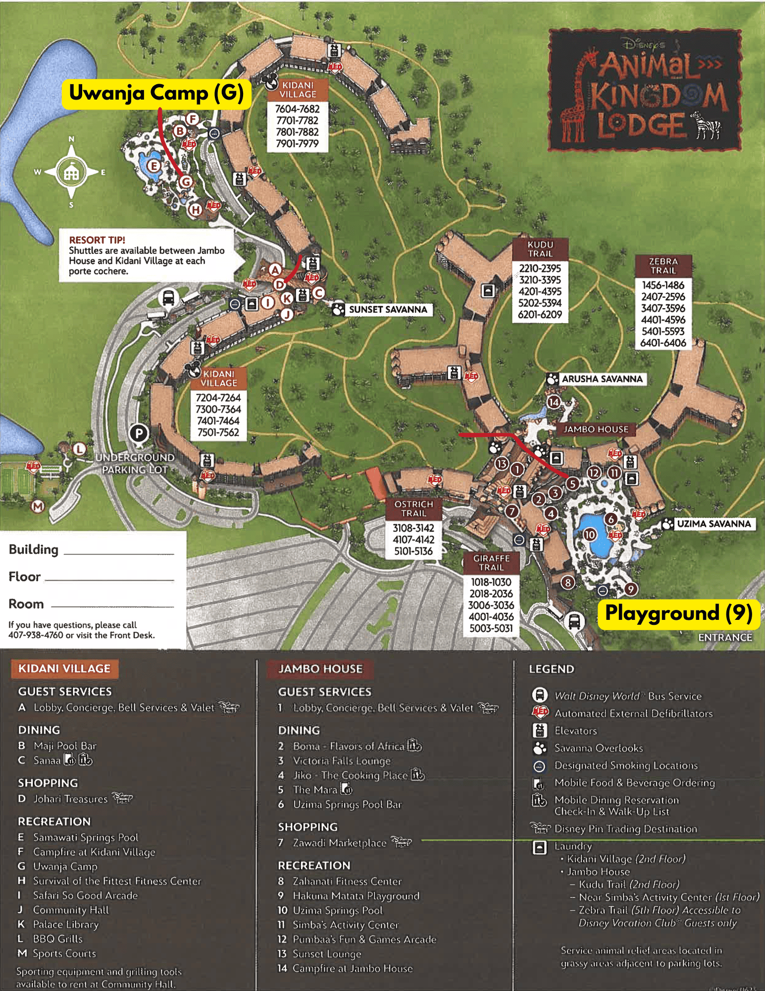 shows location of both playgrounds at Disney's Animal Kingdom Lodge and Kidani Village