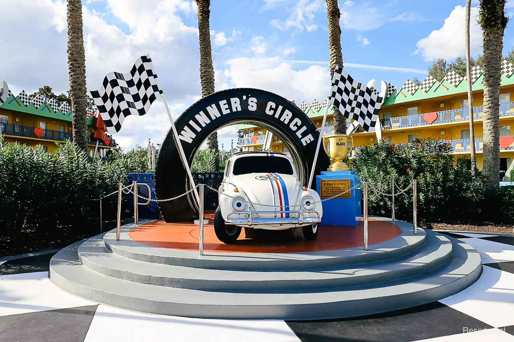 Herbie on display in the winner's circle at Disney's All-Star Movies Resort 