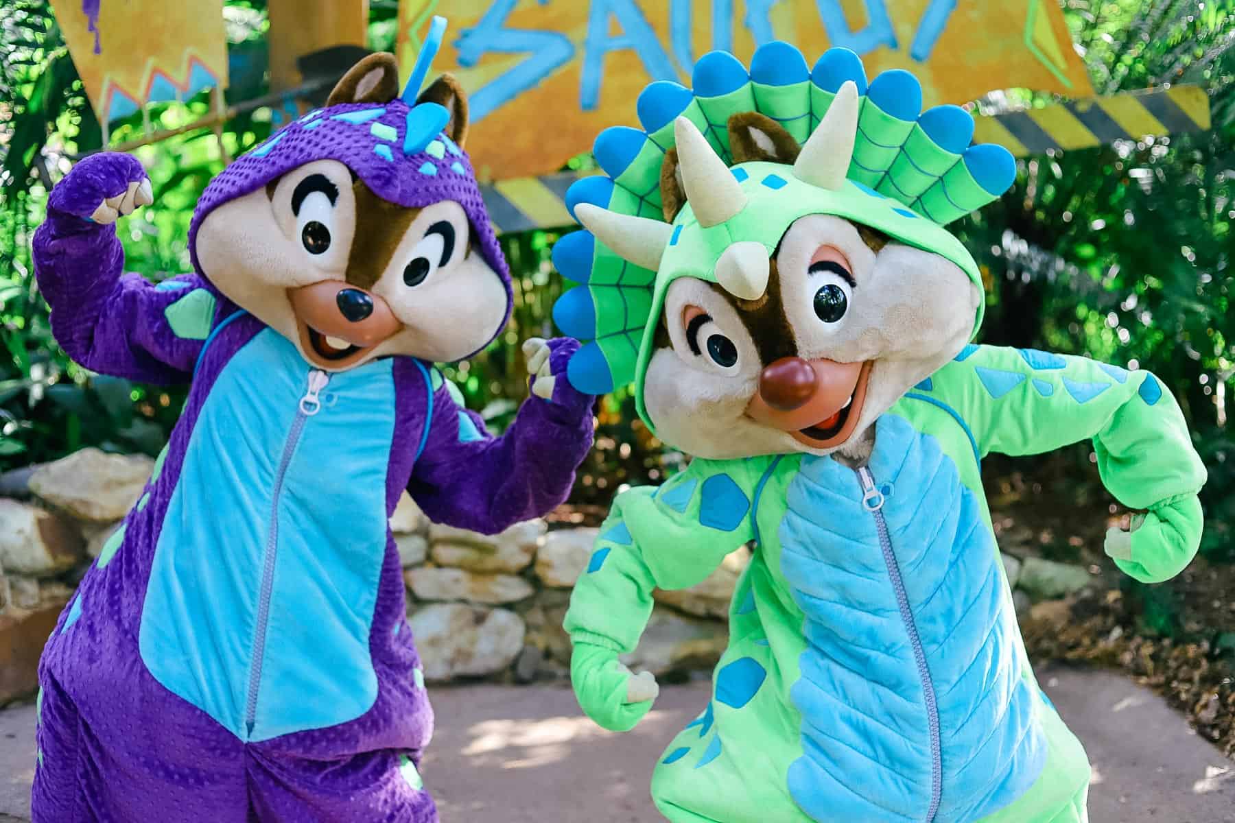 Chip is wearing a purple dinosaur costume and Dale is wearing a green dinosaur costume. 