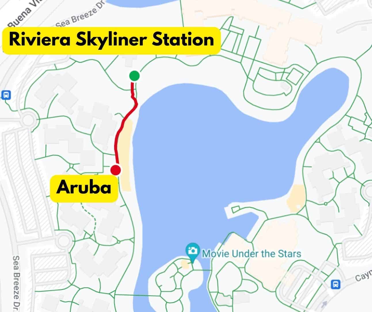 Walking distance from Aruba to Riviera Skyliner Station 