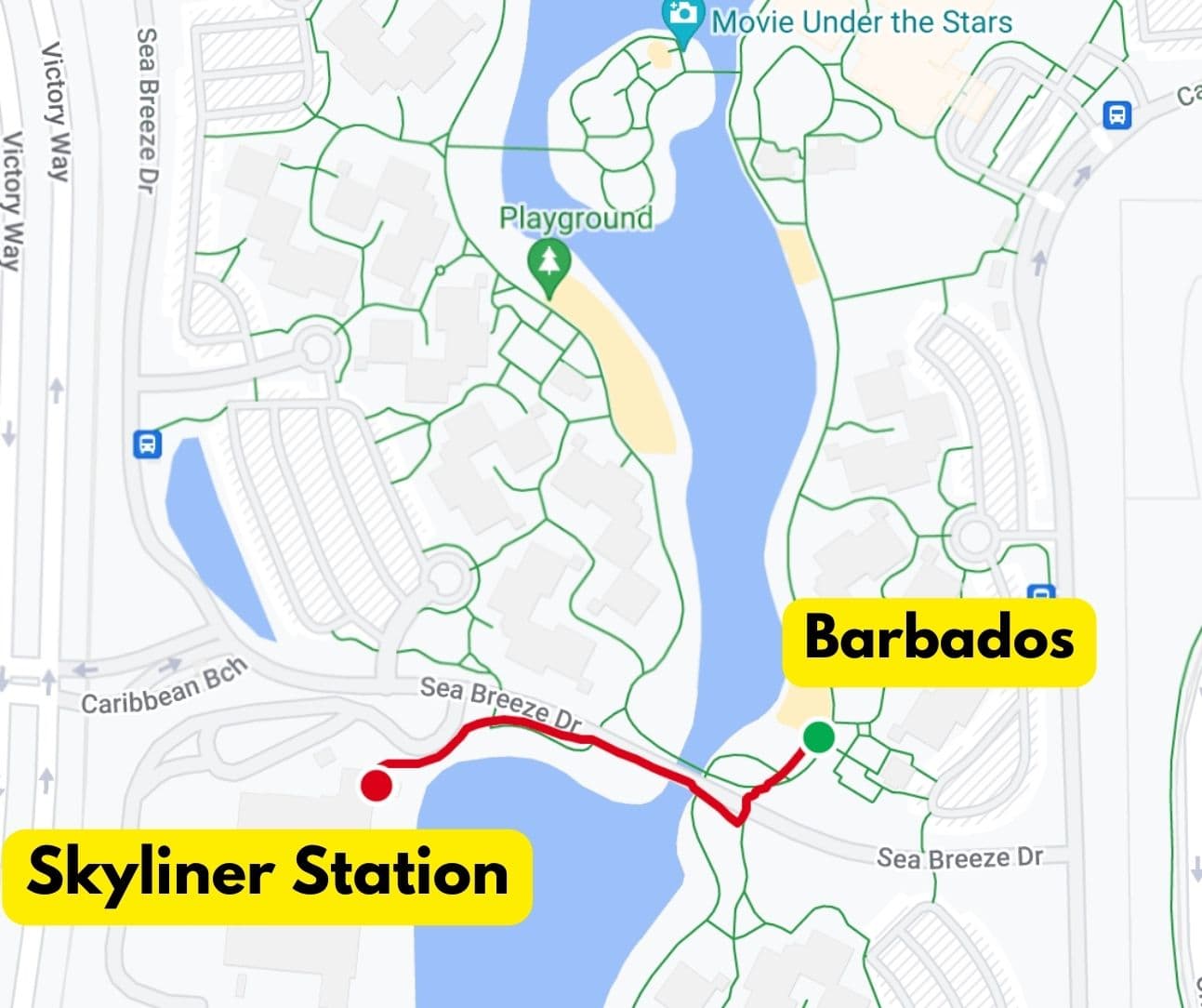 Walking Distance from Barbados to the Skyliner Station 