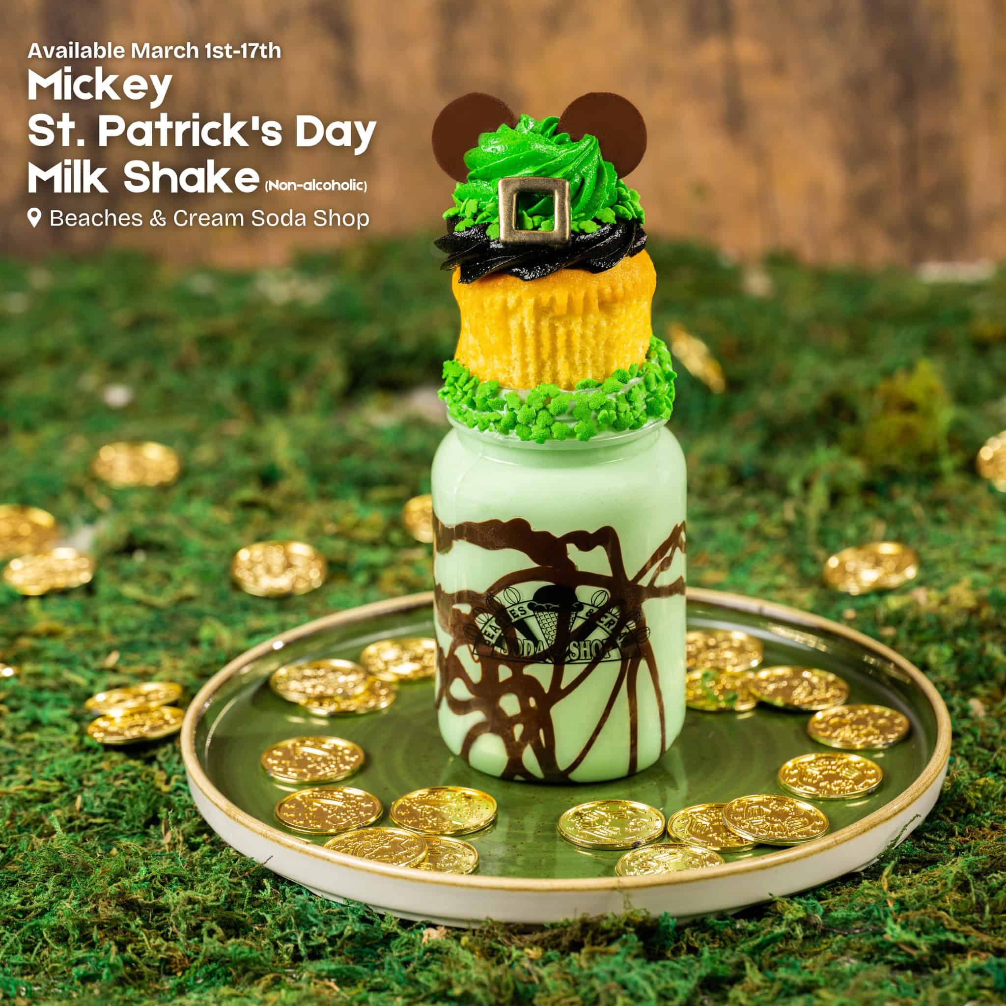 Beaches and Cream Milk Shake with Mickey St Patrick's Day cupcake topping 