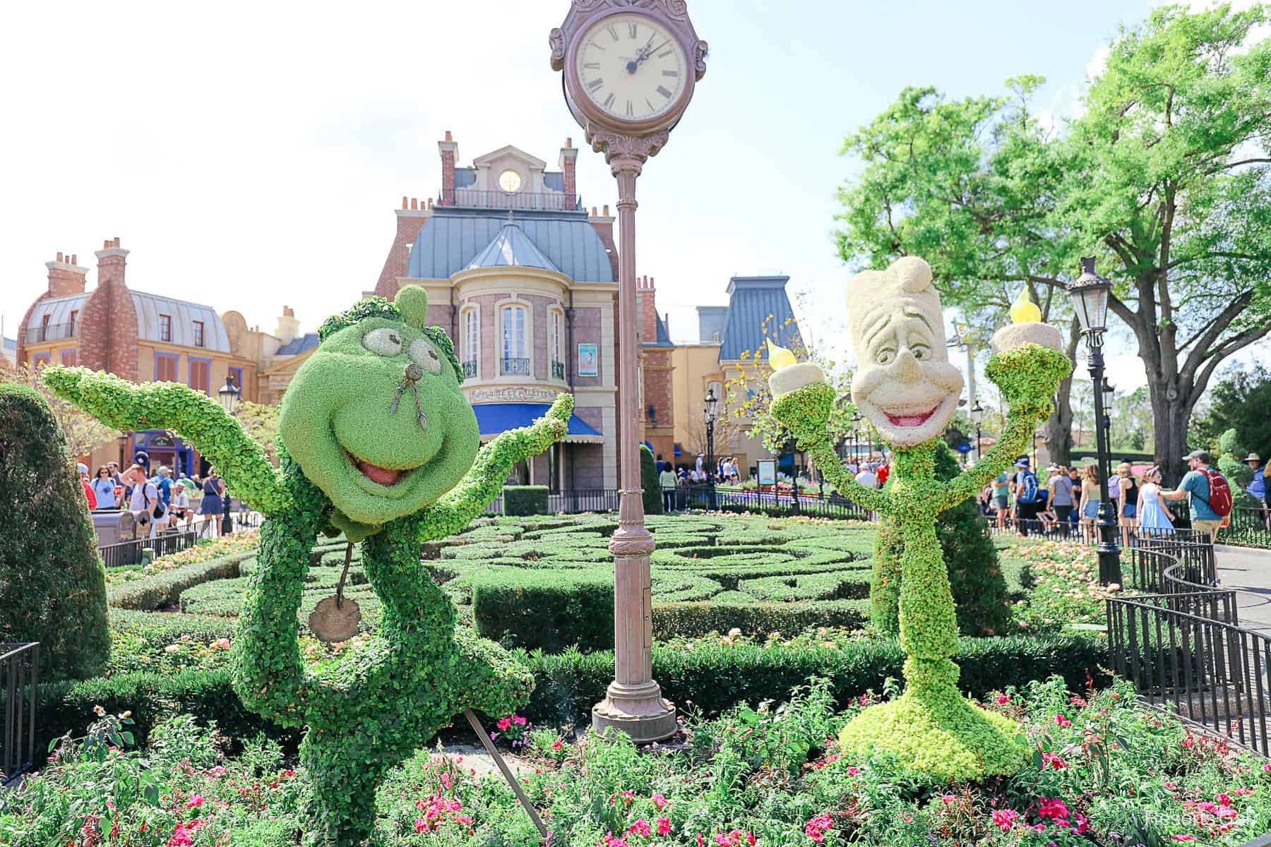 Cogsworth topiary on the left and Lumiere topiary on the right 