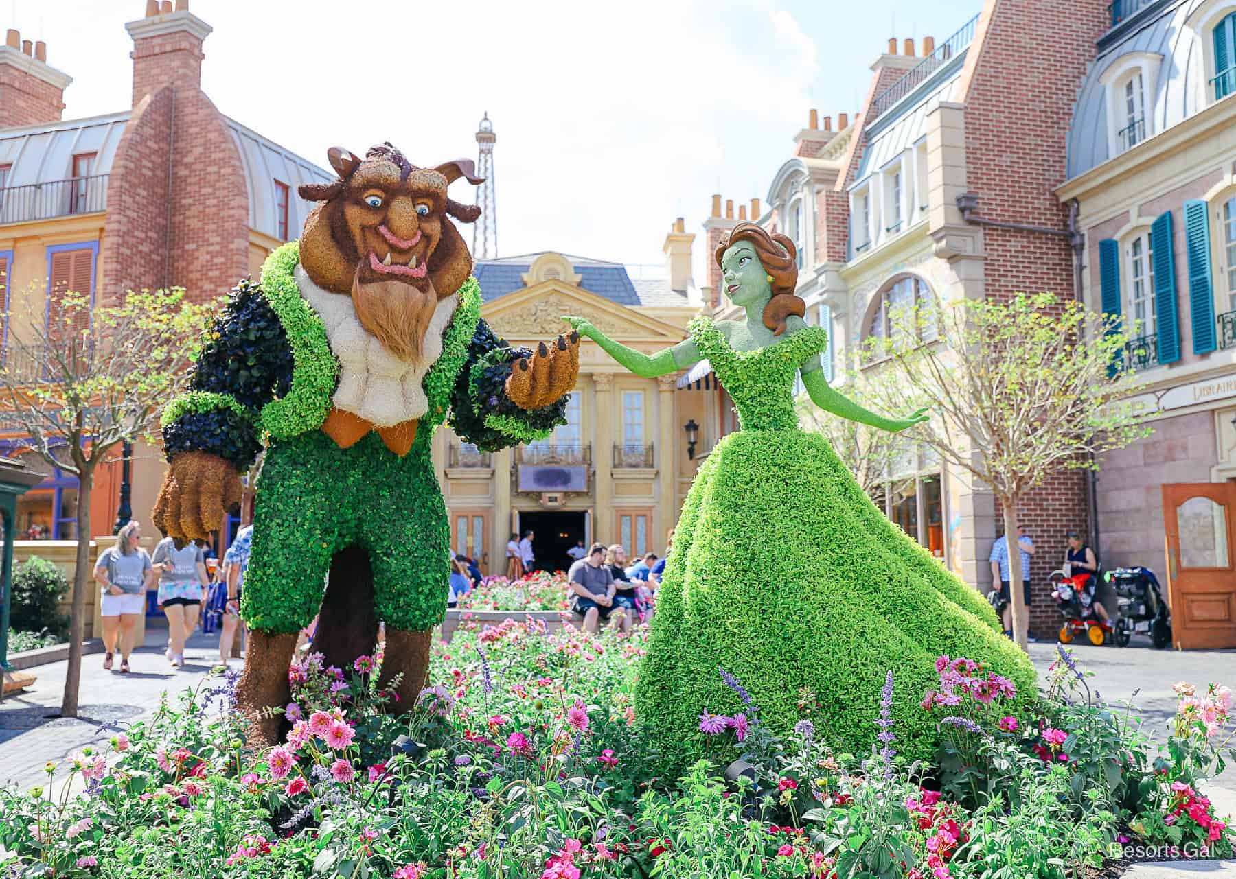 Beauty and the Beast topiary at Epcot's France Pavilion in 2023