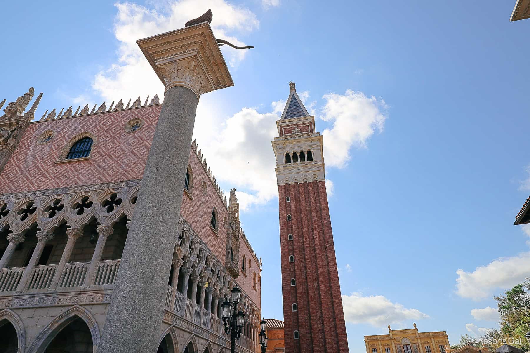 a view of the bell tower at Epcot's Italy country in the World Showcase 