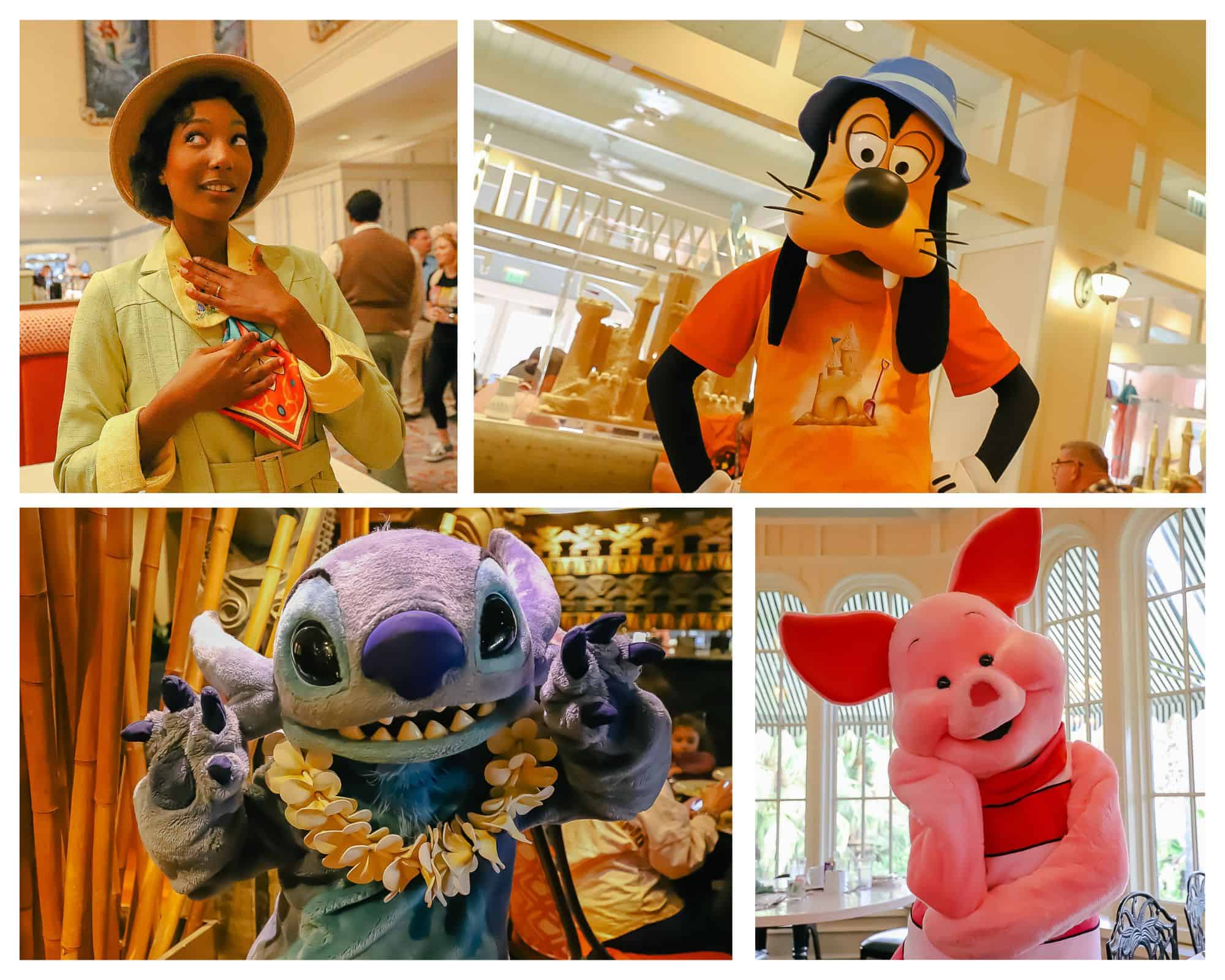 collage of four character breakfasts at Disney World