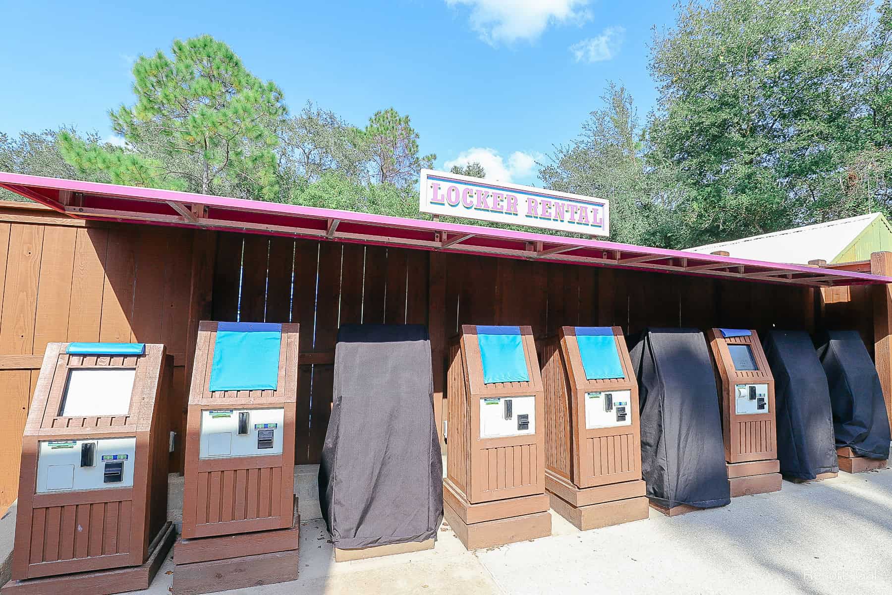 a row of locker rental kiosks at Blizzard Beach 