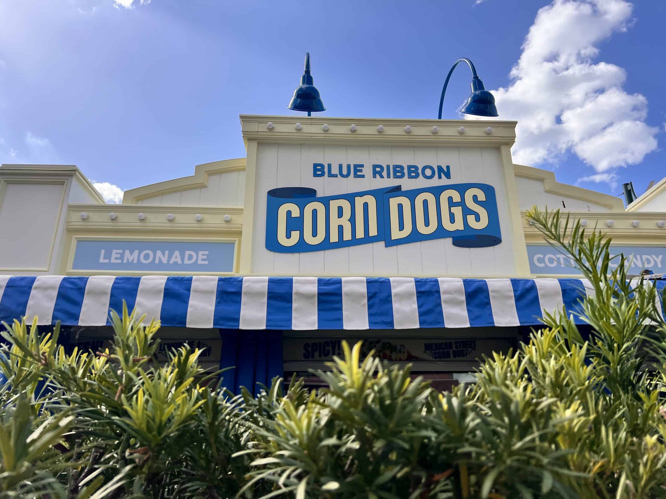 the signage for the new Blue Ribbon Corn Dogs at Disney's Boardwalk 