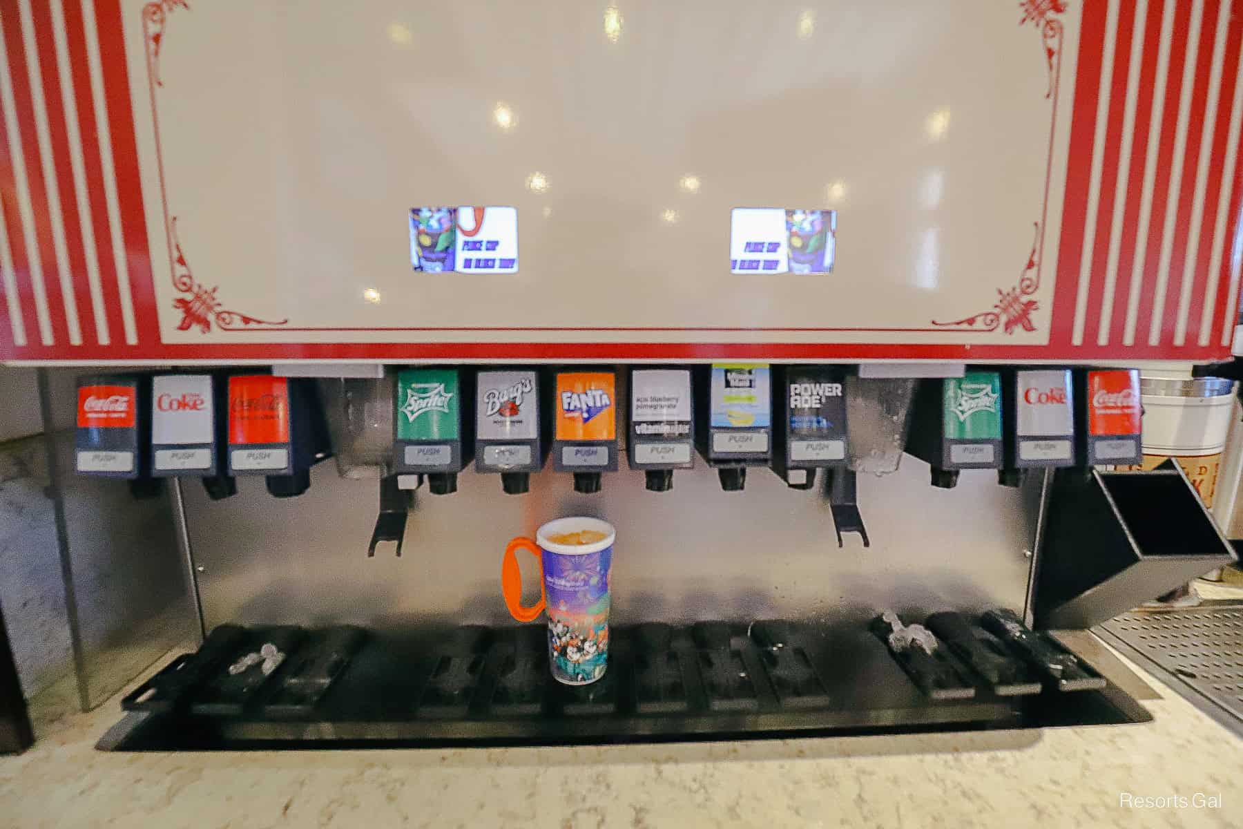 the beverage refill station at the Boardwalk Deli 