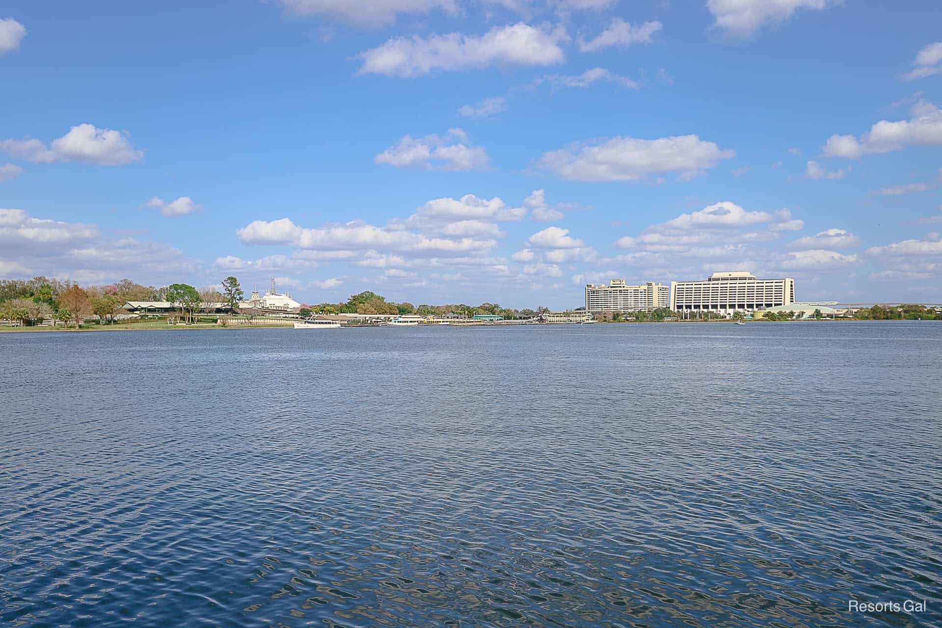 a view of Magic Kingdom and Disney's Contemporary in the distance from the Grand Floridian's boat dock 