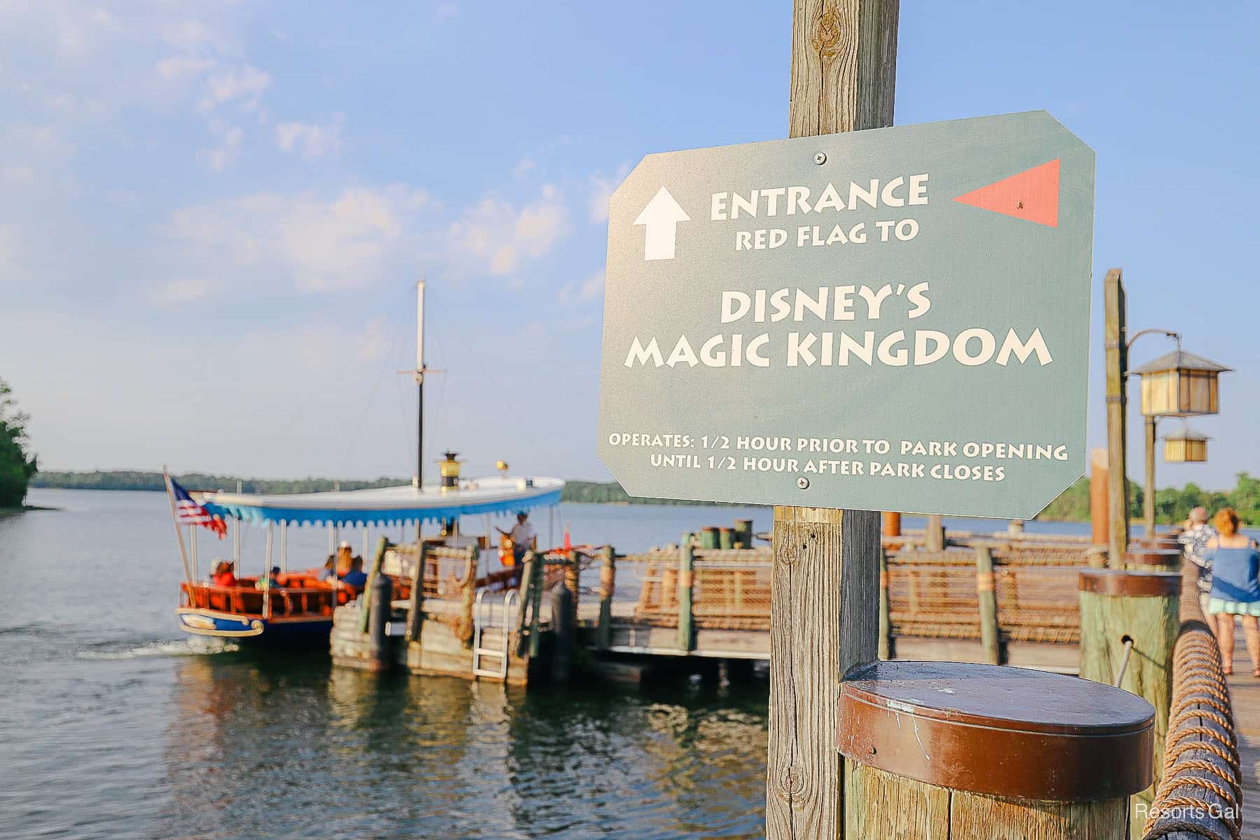a sign for the red flag boat entrance from Disney's Wilderness Lodge to Magic Kingdom 