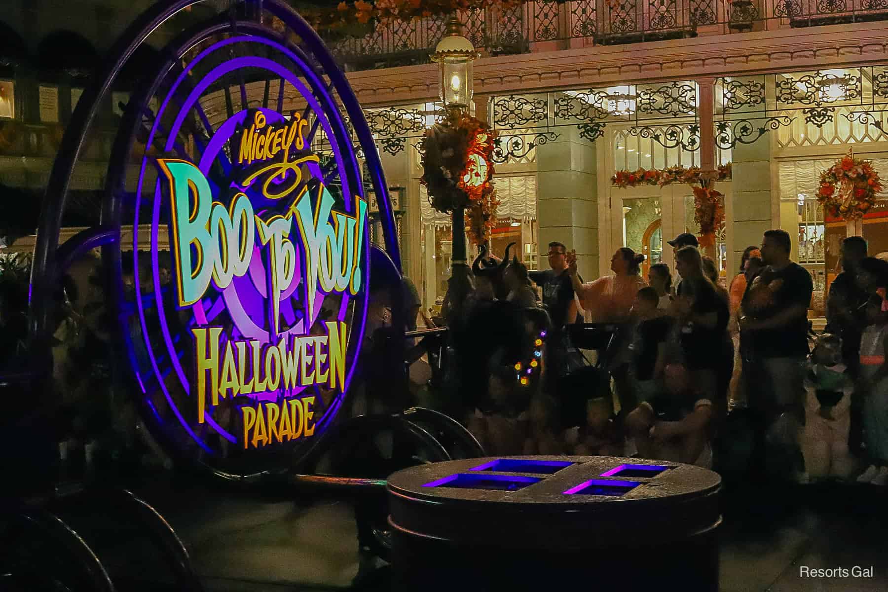 the Mickey's Boo To You Halloween Parade sign at the beginning of the parade 