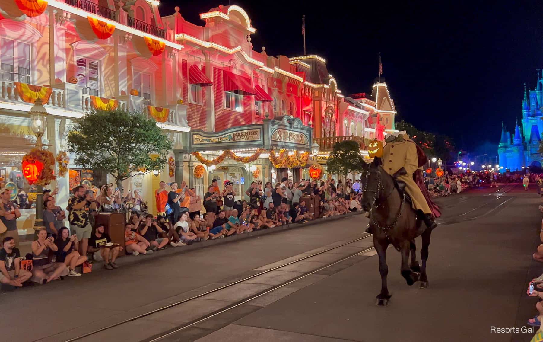 the headless horseman as he rides down Main Street USA 