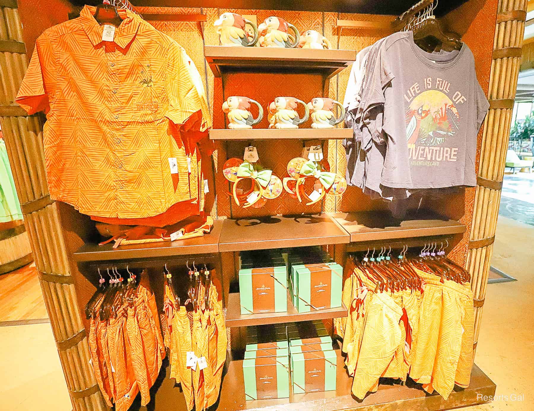 a display in Boutiki with Enchanted Tiki Room merchandise 