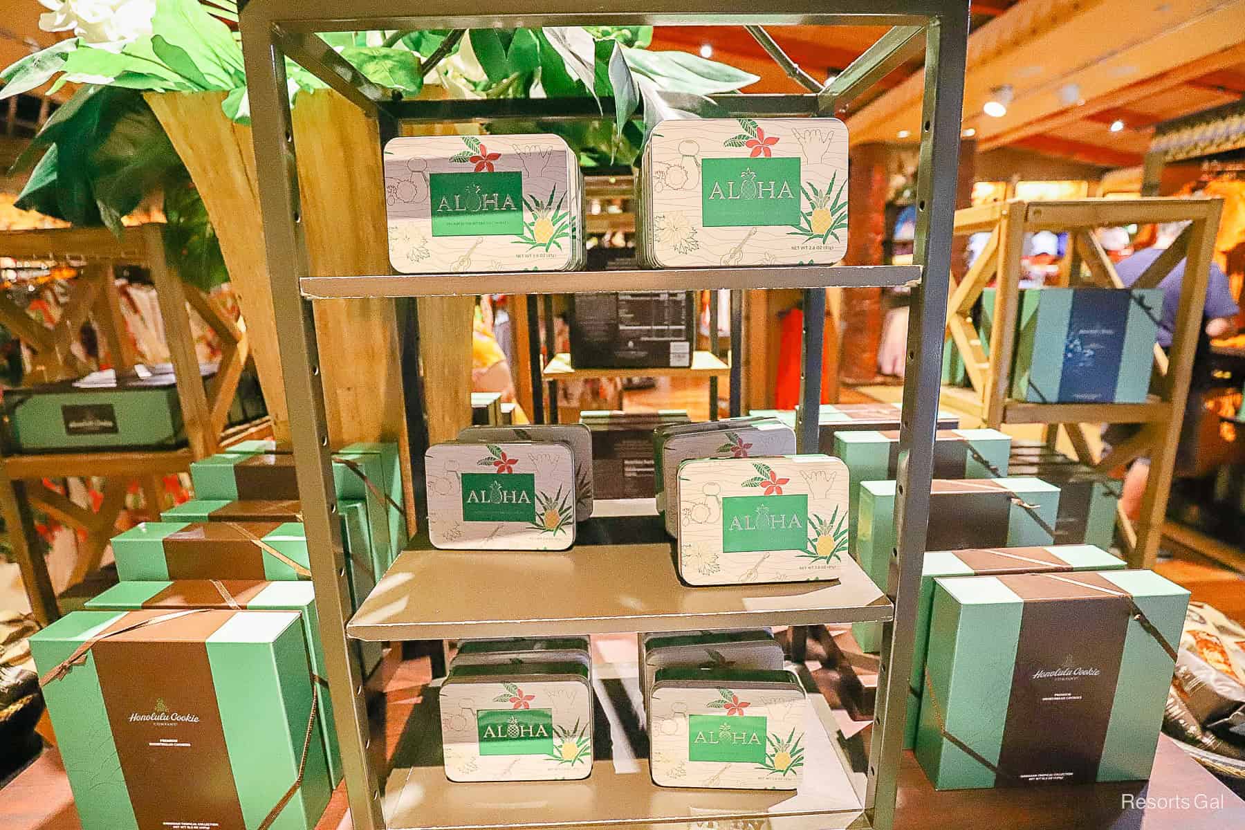 a display featuring a variety of Aloha brand candy at the Polynesian's gift shop