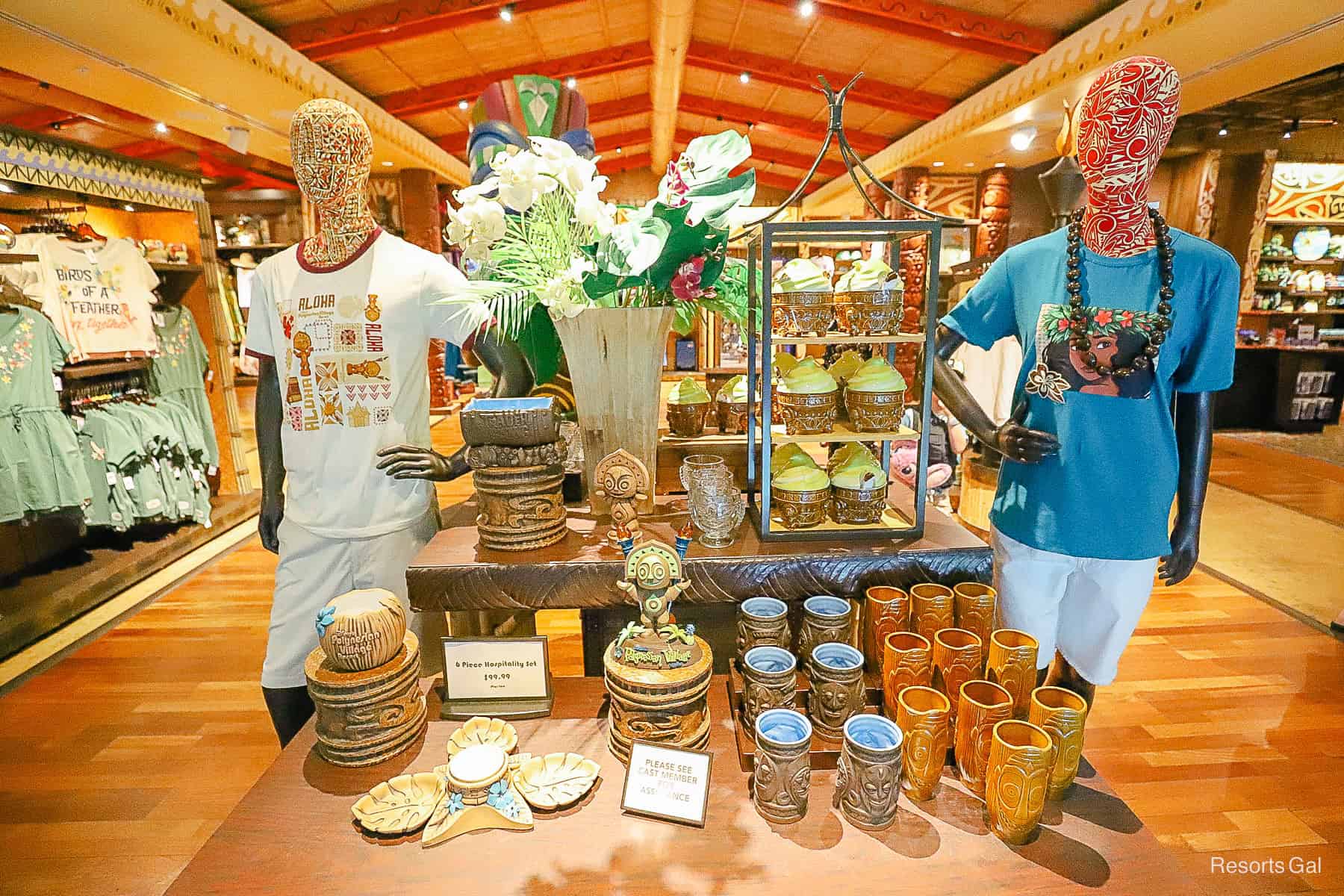 a display with items branded to Disney's Polynesian Village Resort 