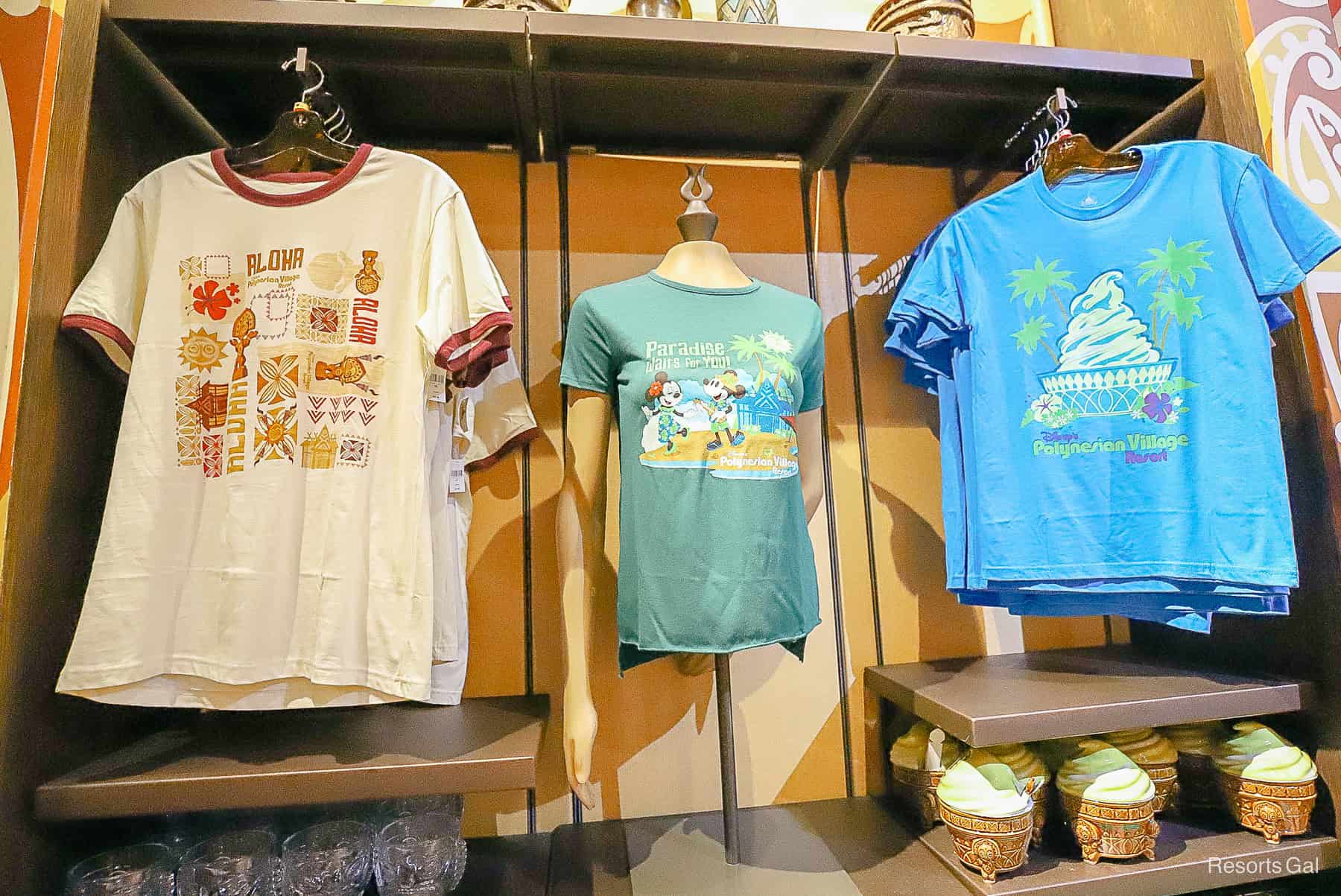 a display with Polynesian t-shirts