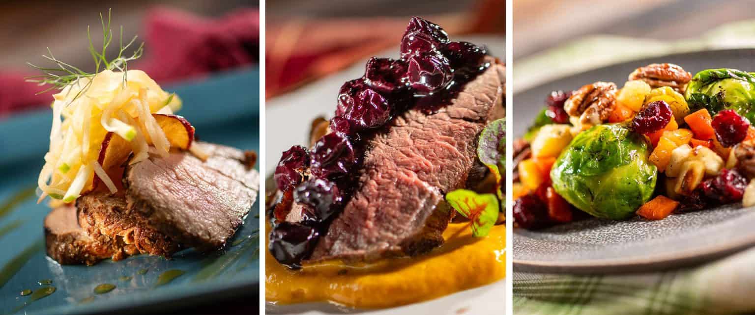 collage of Pork Tenderloin, Bison, Brussel Sprouts 2024 Epcot Food and Wine menu items 