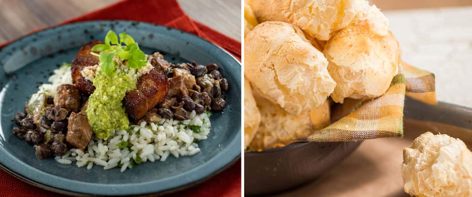 collage of feijoada and pao de queijo at the Brazil Food and Wine booth at Epcot 