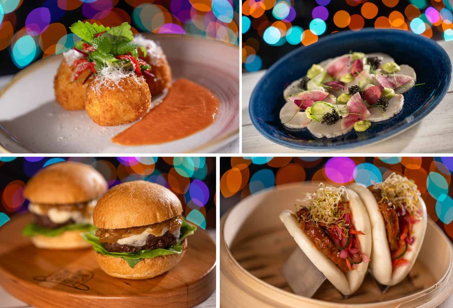 Image Collage of Chorizo Arancini, Hamachi Crudo, Jazz Holiday Slider, Pork Belly Bao 