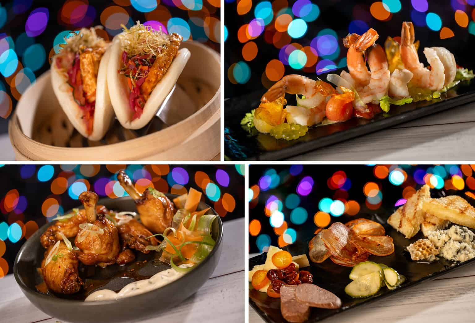 Image Collage of Tofu Bao, Shrimp Cocktail, Sticky Chicken Wings, Charcuterie