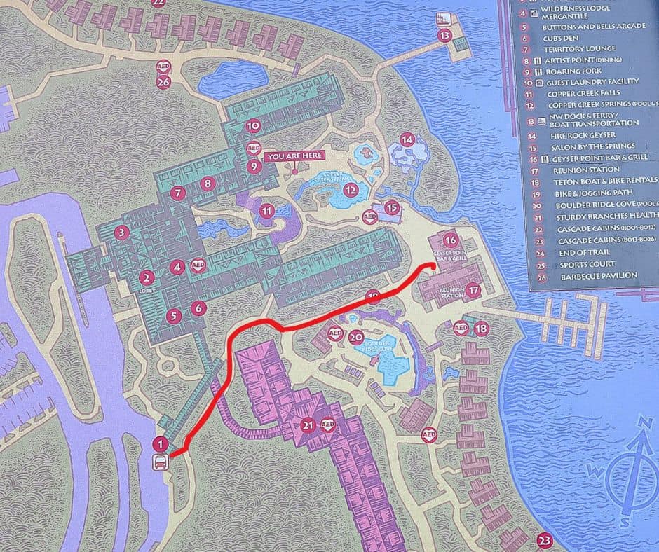 a map of the path from the Wilderness Lodge bus stop to Geyser Point Bar and Grill 