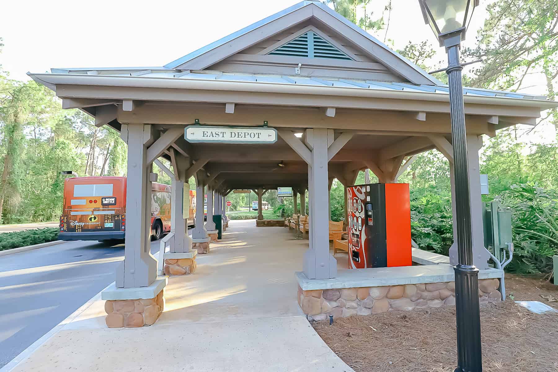 a bus stop at the East Depot at Port Orleans Riverside 