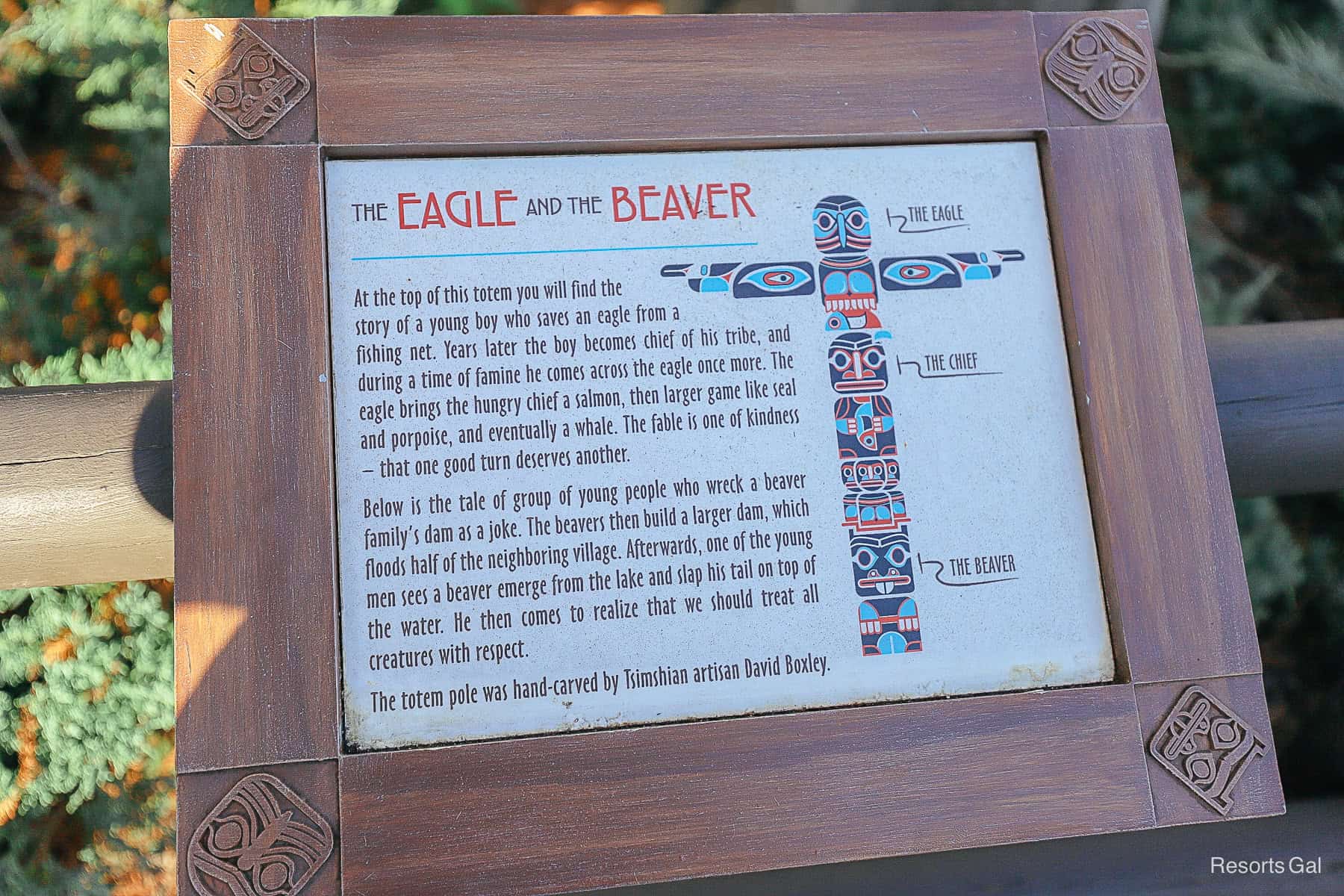 a plaque that tells about the Eagle and the Beaver Totem Pole at Epcot 