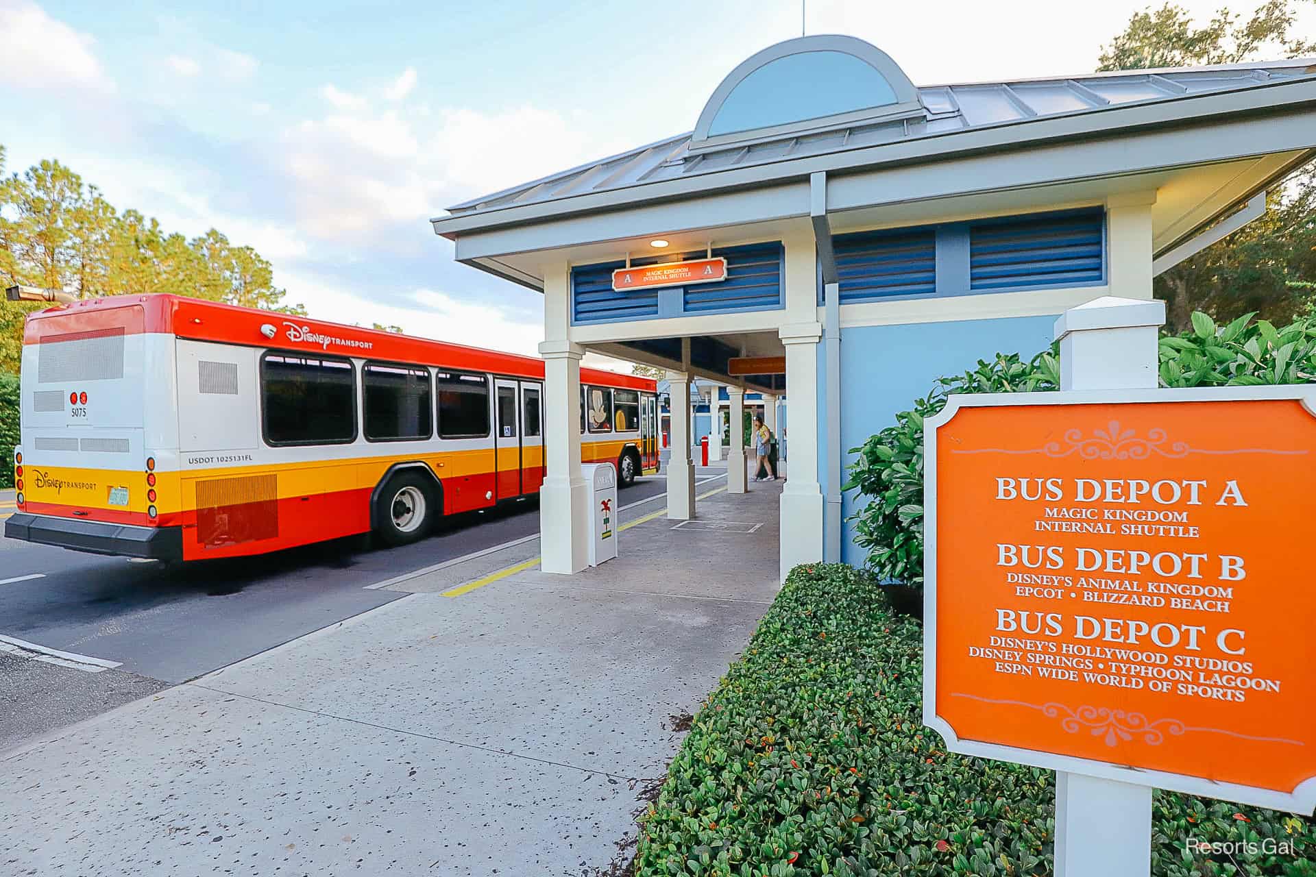 the internal bus depot at Disney's Caribbean Beach with a bus waiting 