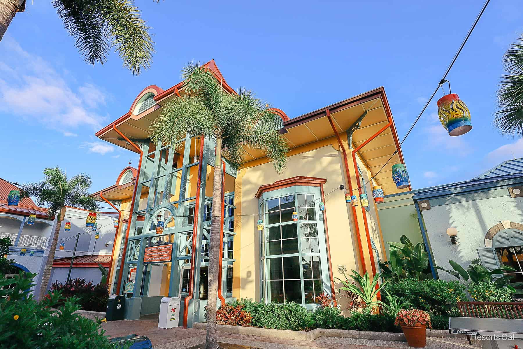 a scenic picture of Caribbean Beach Resort with yellow building 