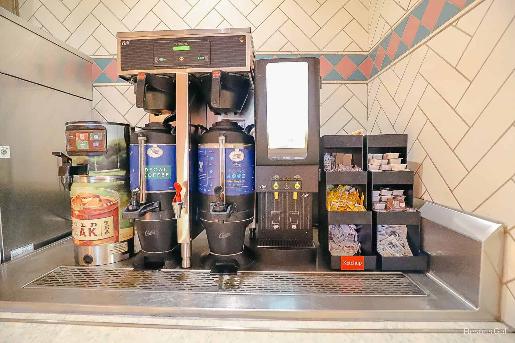 the beverage refill station at the Spyglass Grill 