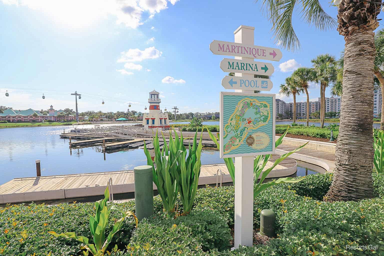 a directional that shows walking directions at Disney's Caribbean Beach