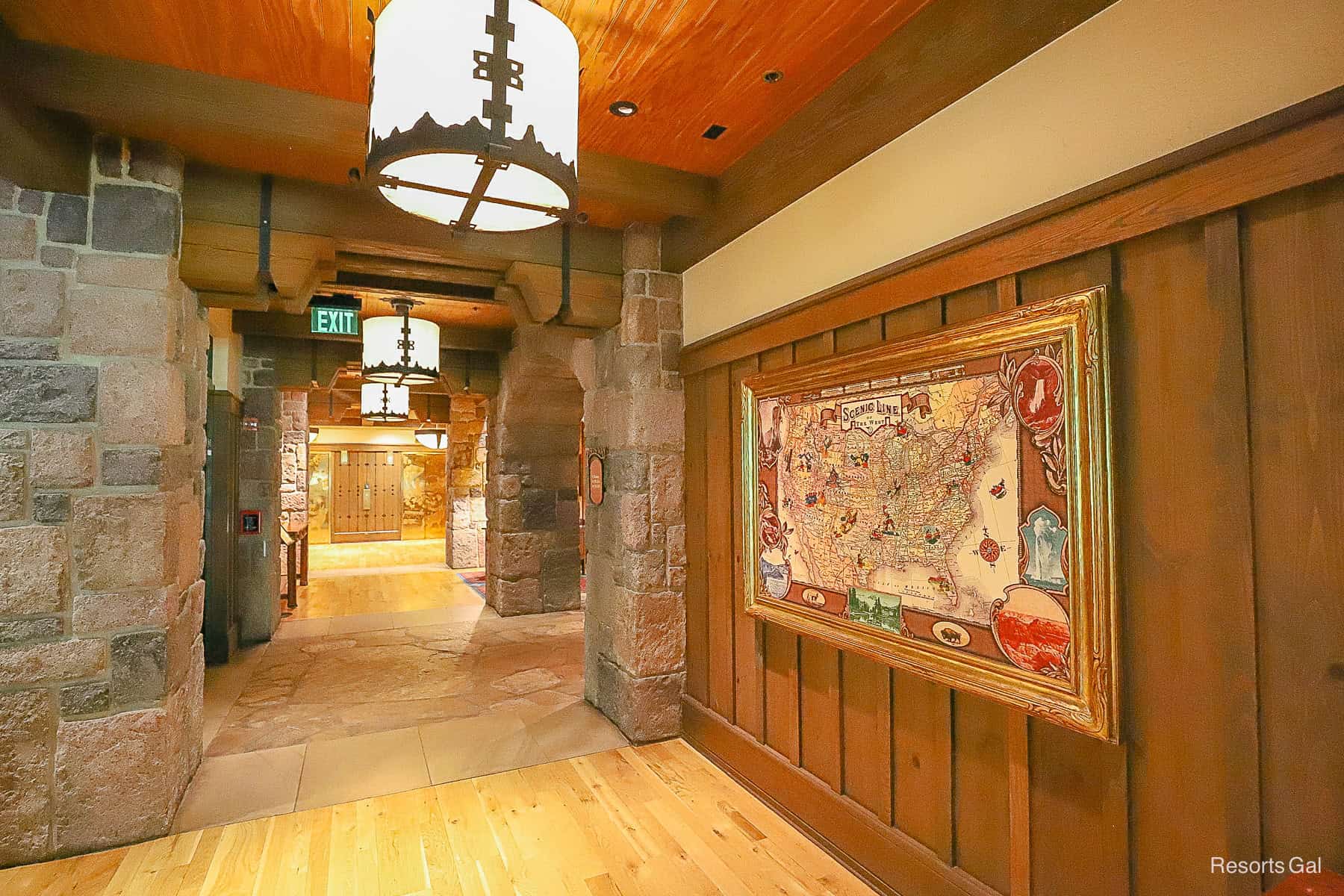 the foyer of the lobby leading into the train room at Disney's Wilderness Lodge 